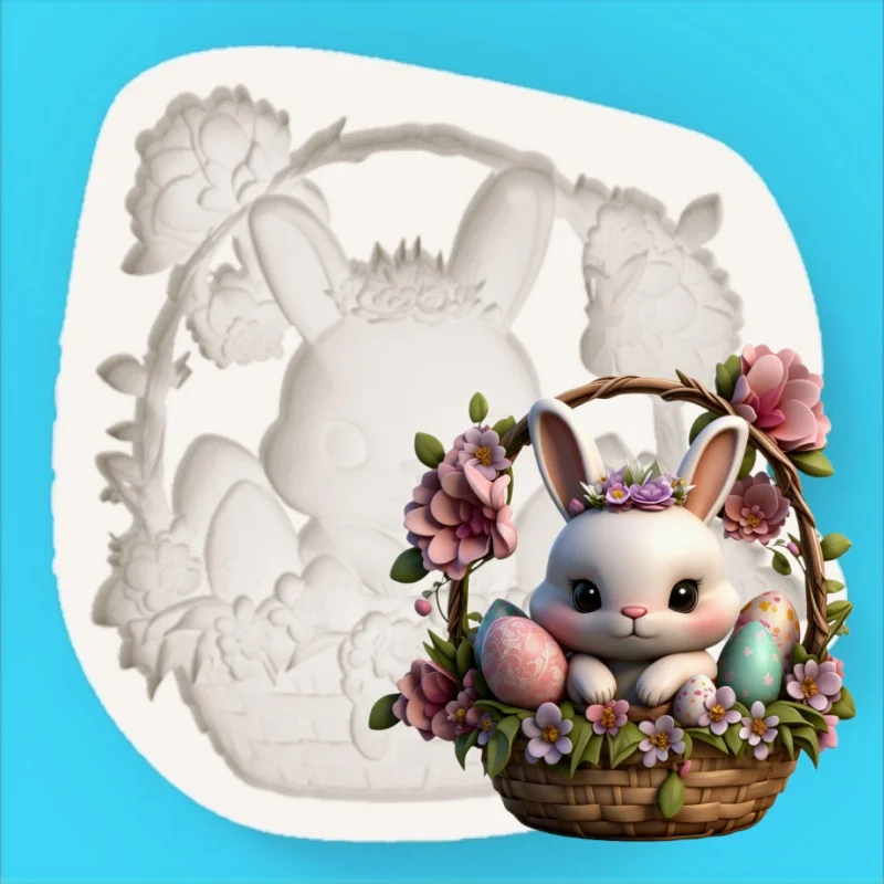 Dreamy Flower Basket Sleeping Rabbit Mold, Serene Bunny with Flower Wreath Silicone Mold, Healing Easter Theme Fondant Chocolate Decoration Making Mold