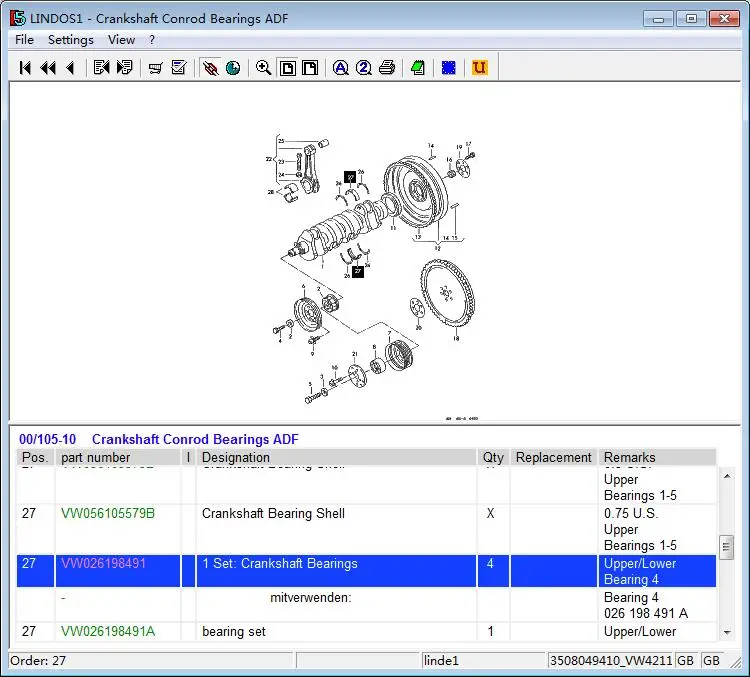 Linde forklift part VW026198491 Crankshaft Bearings used on 350 diesel truck engine H12 H16 H18 H20