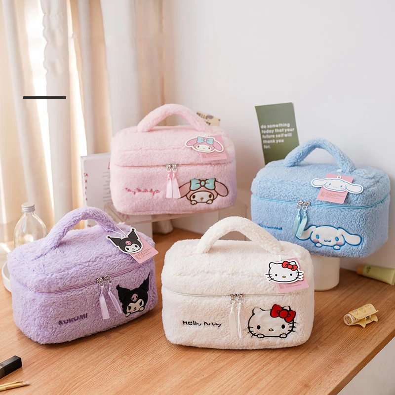 Cartoon Hello Kitty Cinnamoroll My Melody Kuromi Teddy Velvet Large Capacity Plush Cosmetic Bag Kawaii Portable Storage Bag