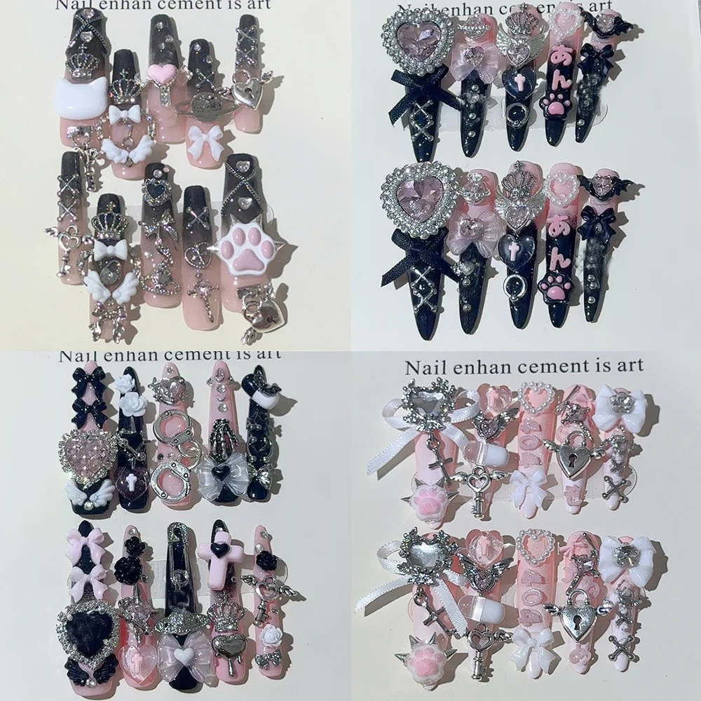 

Y2K Spice Girls Punk Metal 3D Handmade Long Coffin Stiletto Fake Nail Flowers Cat's Heart Diamond Metal Bow Press On Nails