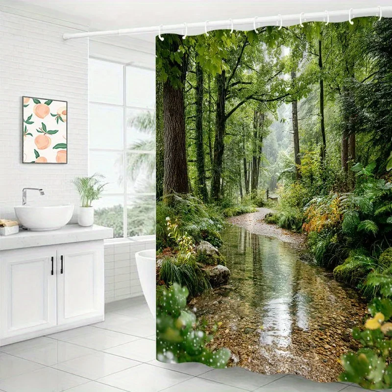 Waterproof Shower Curtain Featuring a Tranquil Forest Stream Scene for a Relaxing and Nature Inspired Bathroom Decor