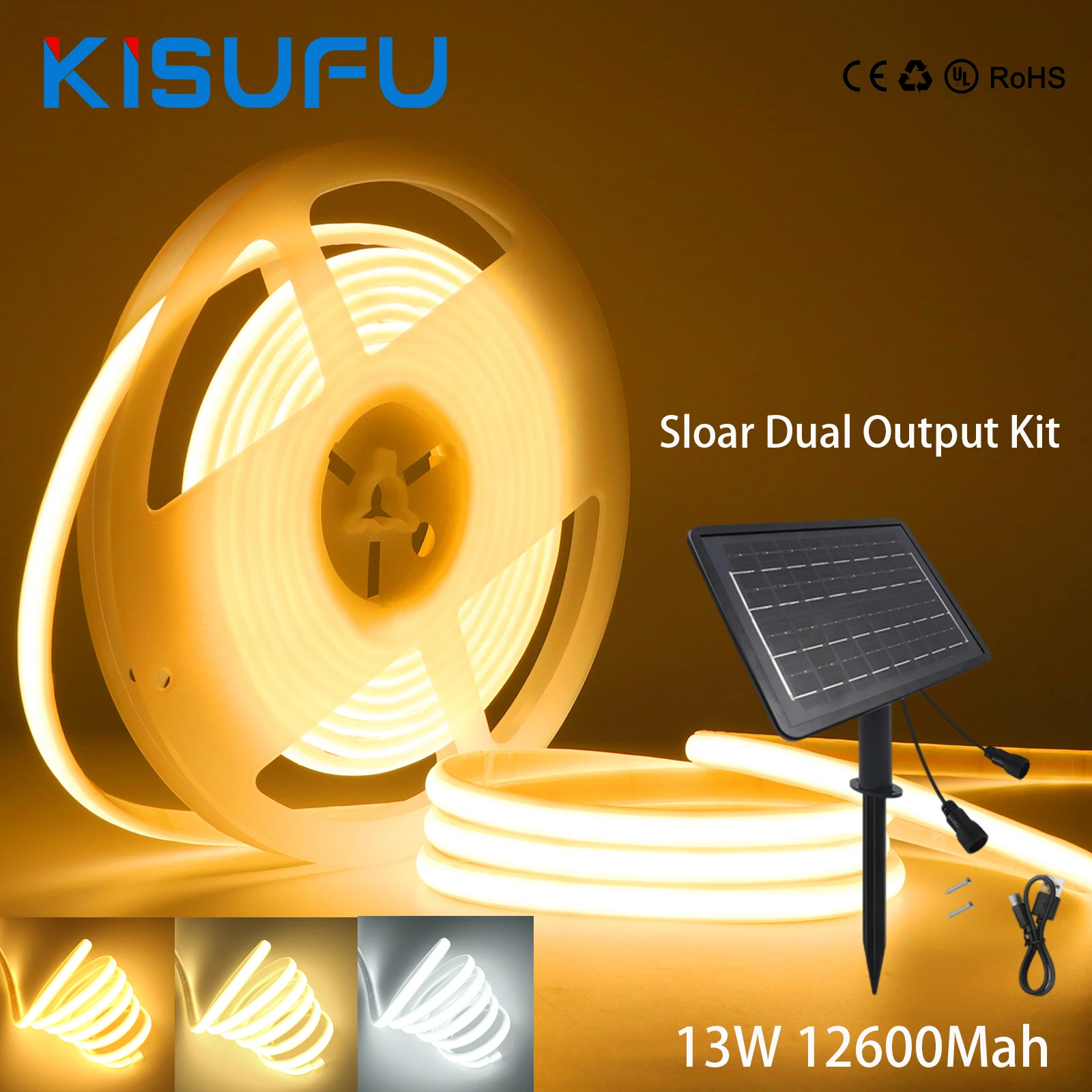 24V 13W Solar COB Neon Light Strips Dual Output 320LEDs/M White Natural Warm IP67 Flexible Adhesive Ribbon Tape Linear Lighting