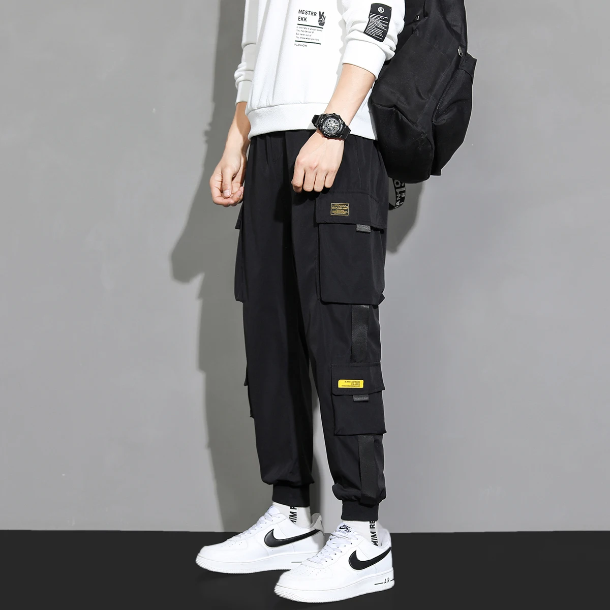 新しいスポーツパンツ、ルーズストレートレッグレッグタイパンツ、複数のポケット付きロングパンツ、男性用ワークパンツ