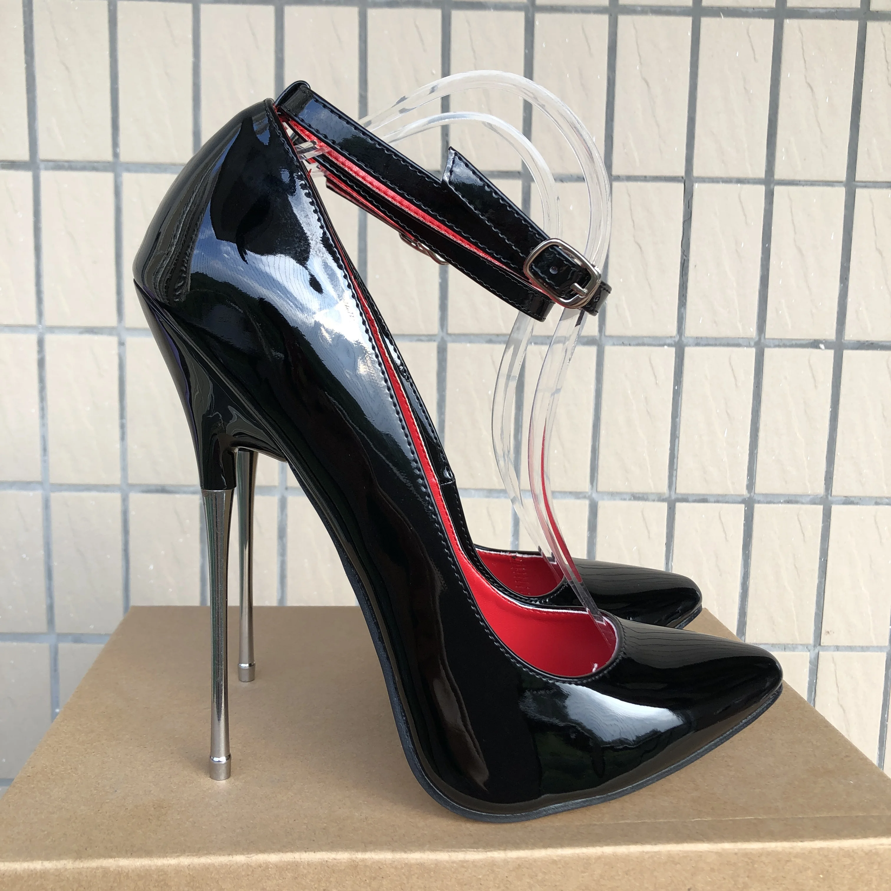 16cm Extreme High Heels Women Black Pointy Toe Stiletto Pumps Sexy Night Club Ankle Strap Fetish Model Dance Man Crossdresser