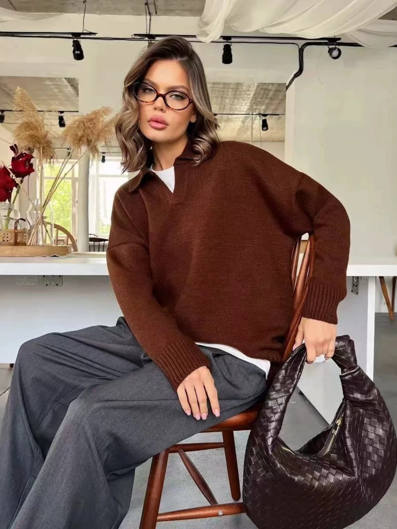 Casual Basic Polo Collar Knit Sweater Women V Neck Long Sleeve Pullover Loose Fit 2026 Autumn Winter Collared Sweater Top 2