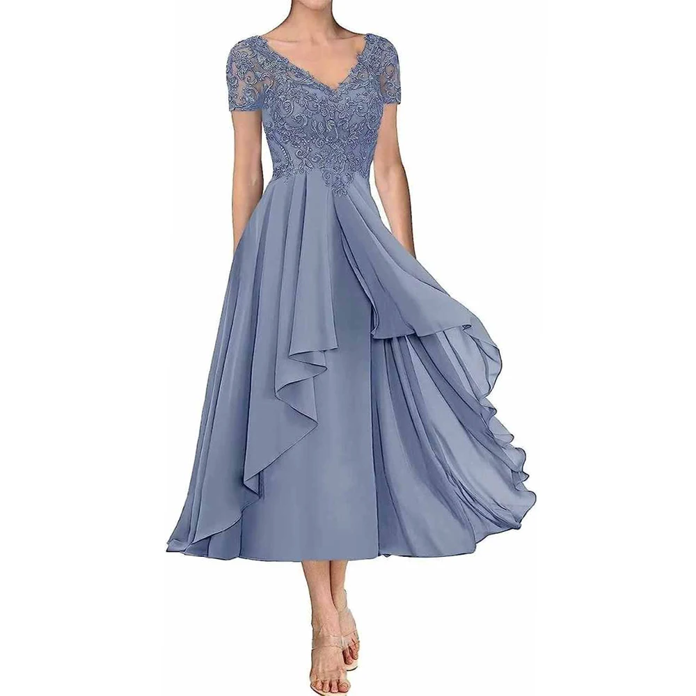 

High-end Party Dress Lace V-Neck Short Sleeve Mid-Calf Dresses for Beach Party Cocktail Party Birthday Vacation Pageant