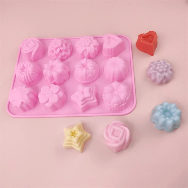 Moldes de silicona para repostería y Chocolate con 12 agujeros para horno, Mini postre individual 3D, flores, corazón, estrella, Muffins, bandeja para hornear magdalenas