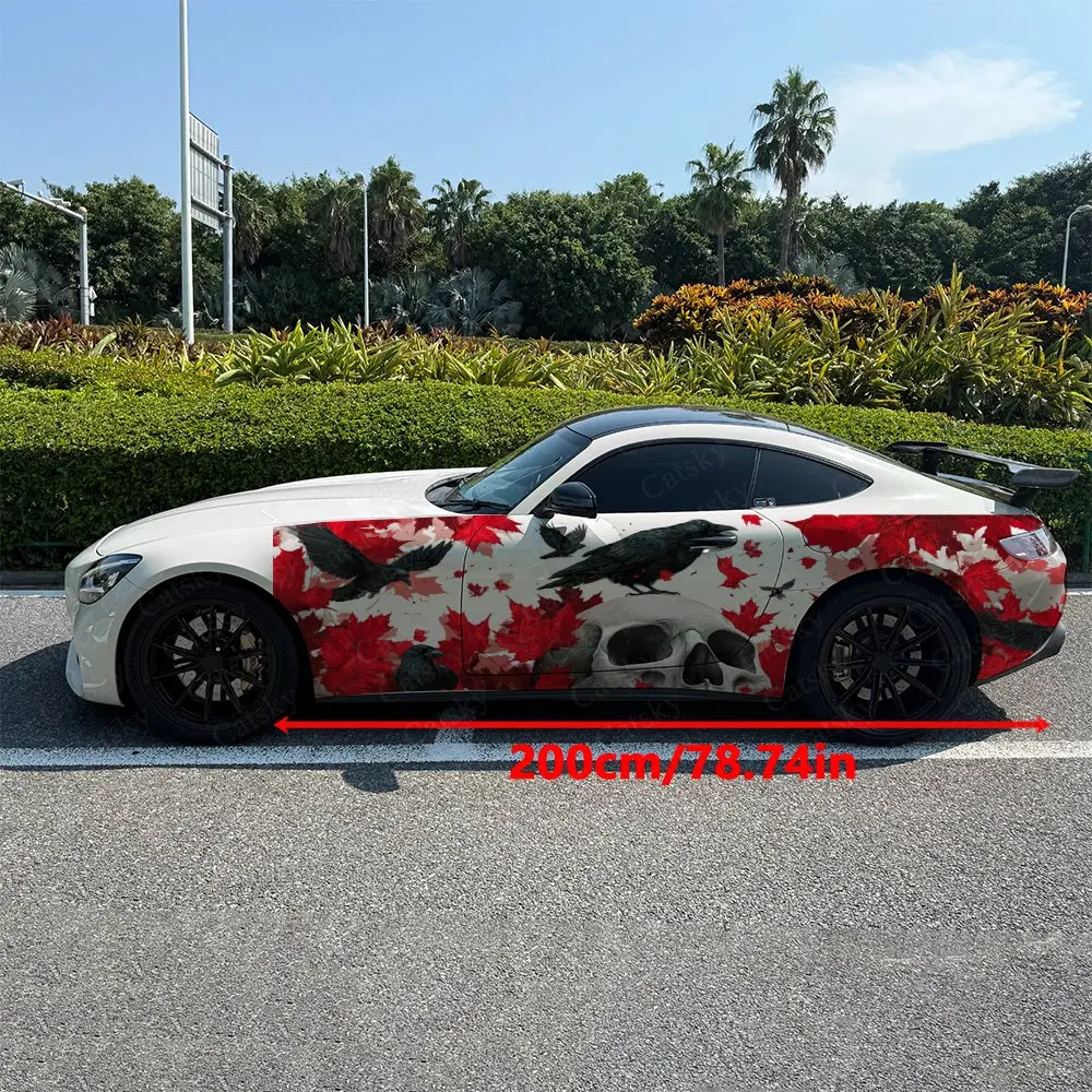 2pcs Red Maple Skeleton Raven Car Side Wraps, Self-Adhesive PVC Waterproof & Scratch-Resistant Stickers, Car Accessory Gift