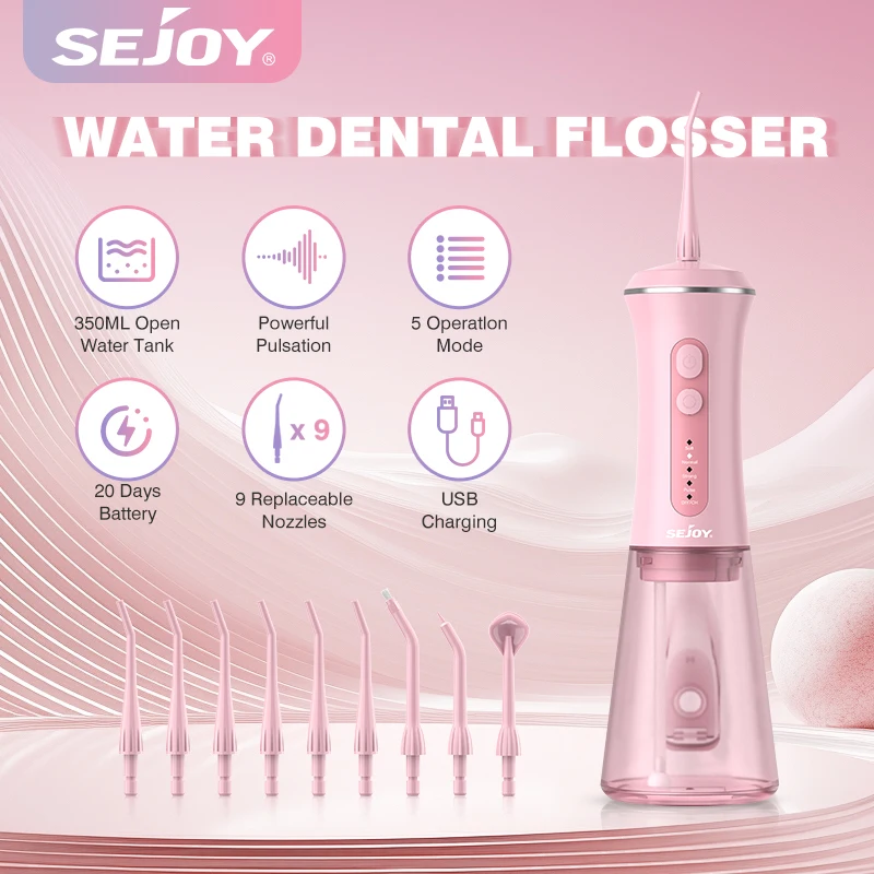 Dental Water Flosser with Replacement Tips,350ml Water Tank,5 Modes,Portable Cordless USB Oral Irrigator for Healthy Teeth,Pink