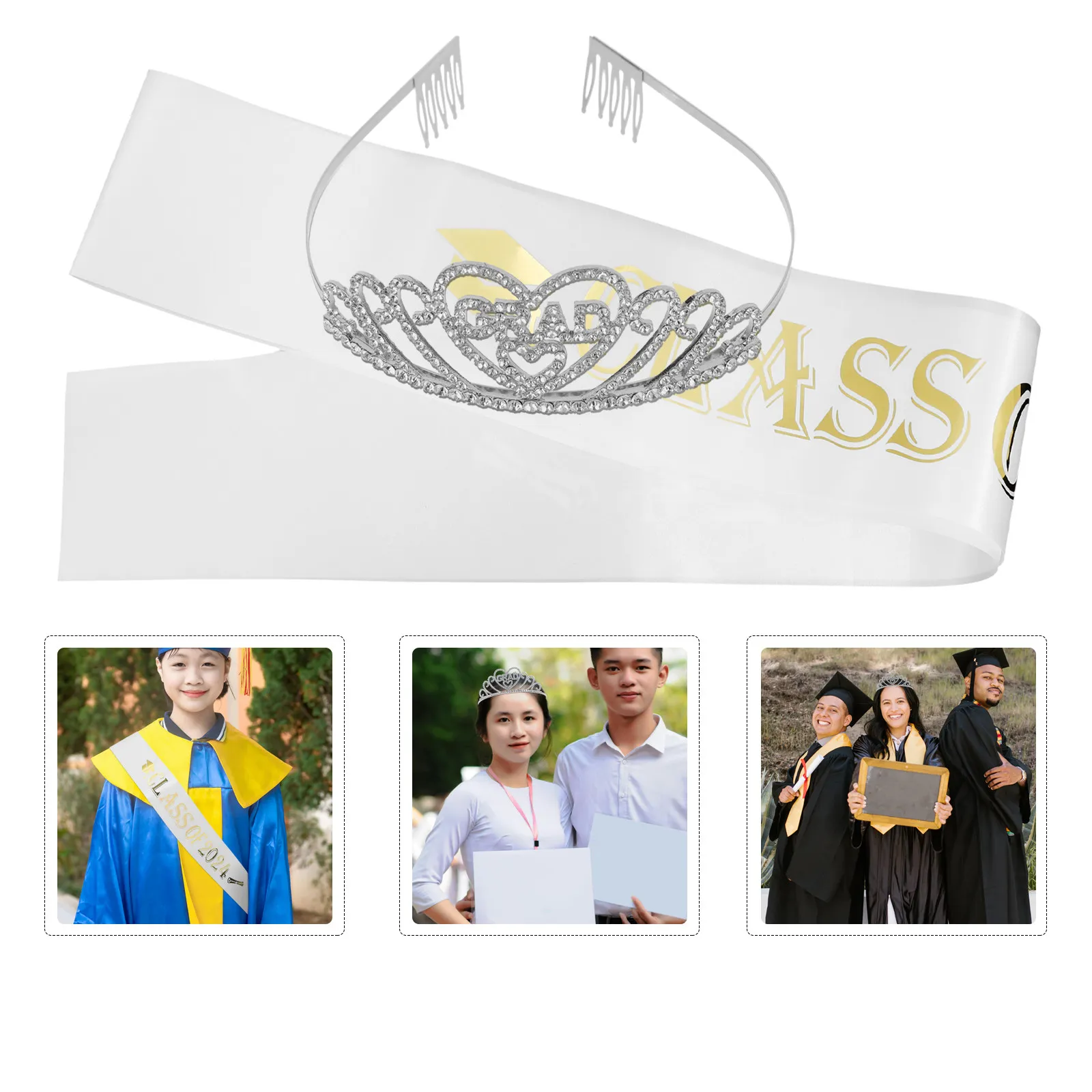 1Set Graduation Crown Sash Kit Rhinestone Tiara Comfortable Fit Suitable Photography Prop 2024 Graduation Party Decoration