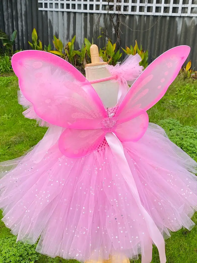 Girls Pink Fairy Dress Kids Glitter Tutu Flower Dresses with Wing and Stick Hairbow Children Birthday Halloween Party Costumes