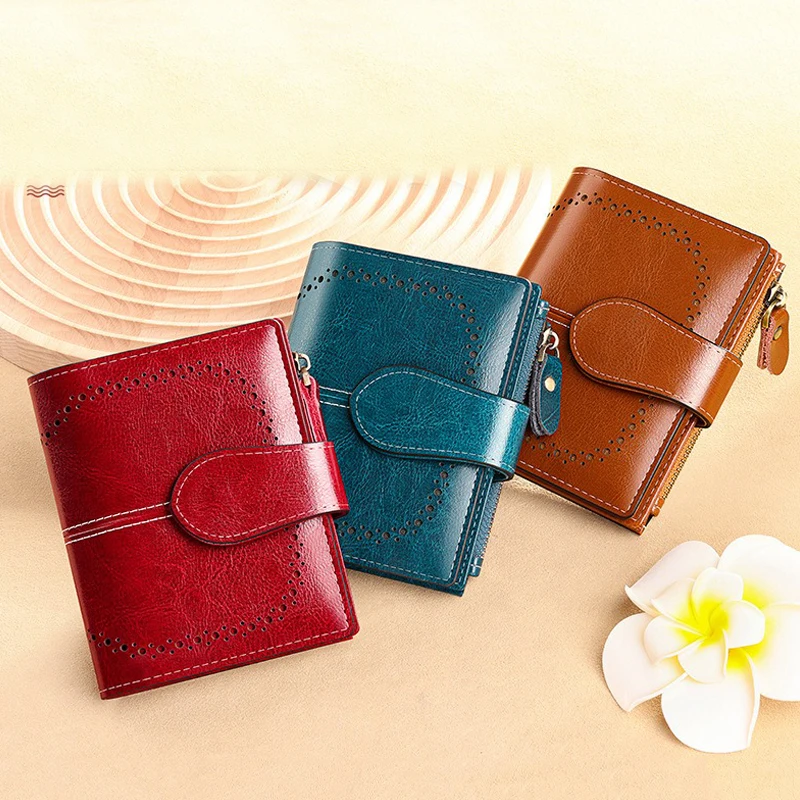 Fashion Hollow Out Short Wallet for Women Genuine Cow Leather Small Zipper Coin Purse Trifold Card Holder Purses Cowhide Wallets