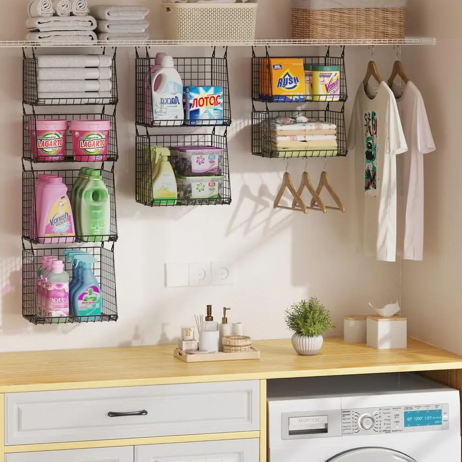 

Набор из 4 складных подвесных органайзеров для прачечной: проволочные корзины с поворотными на 360 градусов крючками для экономии места над стиральной машиной