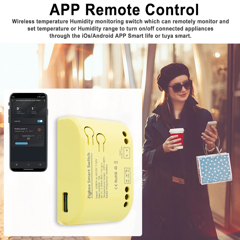 Zigbee sensor de monitoramento de temperatura e umidade ac DC7-32V 5-250v tuya módulo de interruptor inteligente 433 rf relé de controle remoto alexa