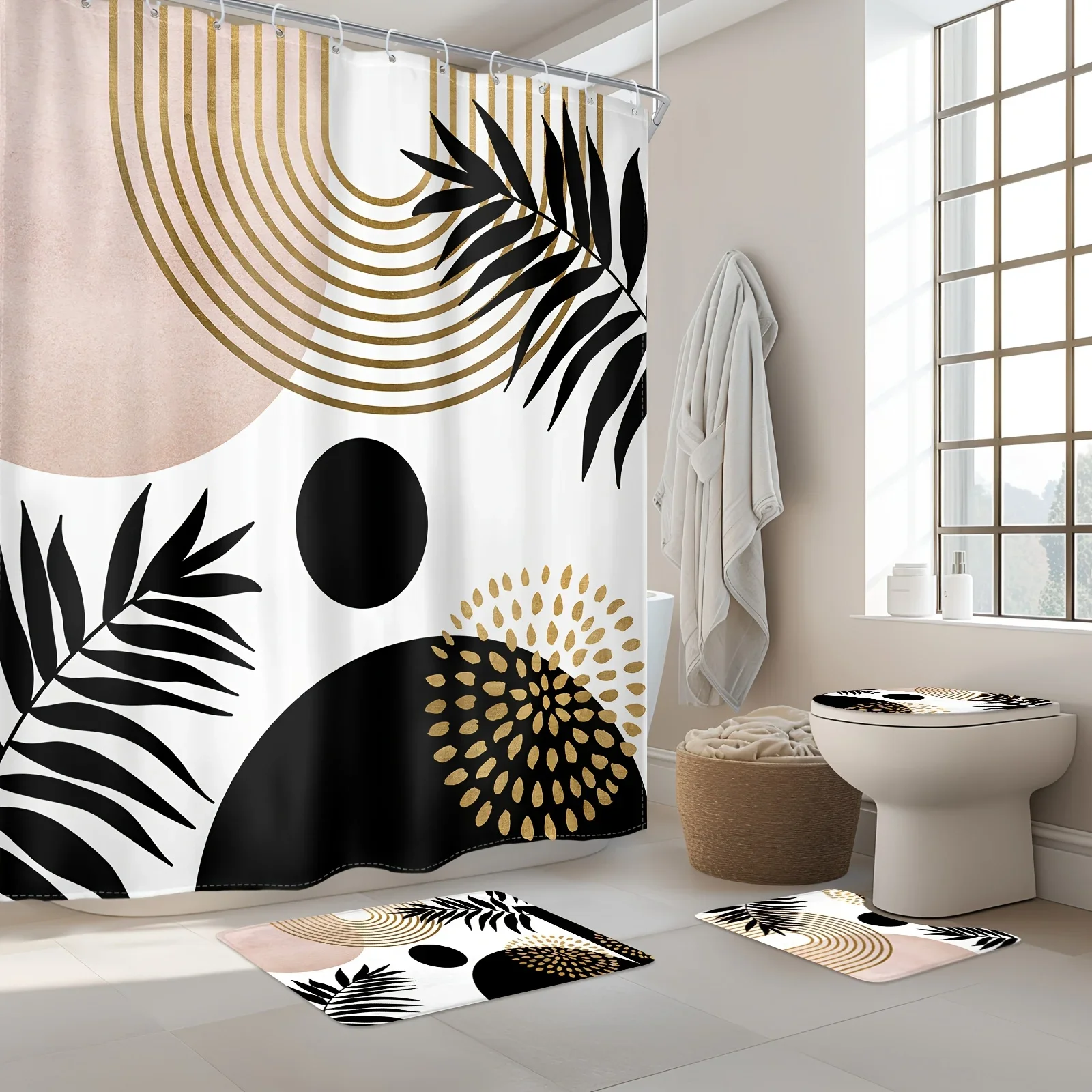 

Набор из 4 предметов для ванной комнаты — богемный черно-розовый набор занавесок для душа с крючками, U-образный коврик для унитаза, чехол на сиденье унитаза