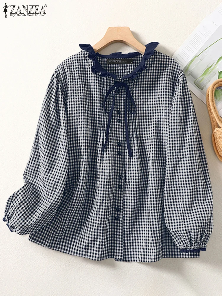 Vintage Long Sleeve Checked Shirts ZANZEA Autumn Spring Women Blouses Elegant OL Work Tops  Casual Buttons Down Blusas Oversize