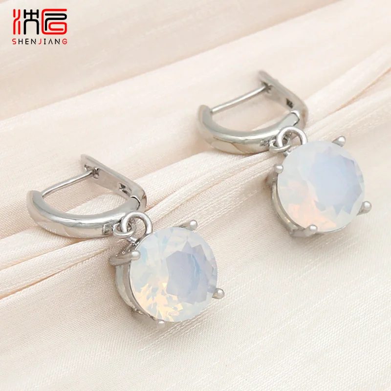 SHENJIANG New Fashion Classic 585 Rose Gold Color Round White Opal Dangle Earrings For Women Wedding Party Simple Trendy Jewelry