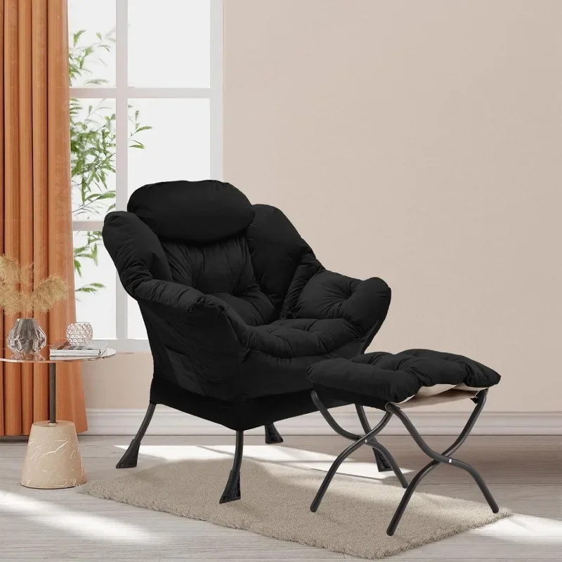 Lazy Chair with Folding Ottoman, Accent Chair Velvet Upholstered with Metal Structure and Non-Slip Pads, Sofa Armchair