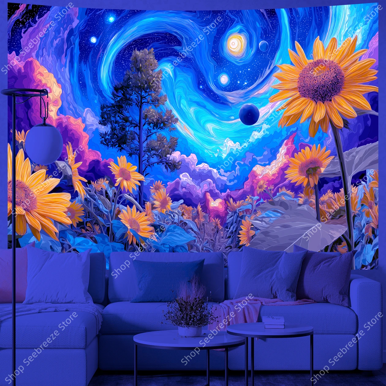 حقل عباد الشمس النابض بالحياة تحت السحرية المرصعة بالنجوم ليلة السماء الأشعة فوق البنفسجية نسيج الخيال الطبيعة الجدار الشنق لديكور غرفة المعيشة البوهيمية #3