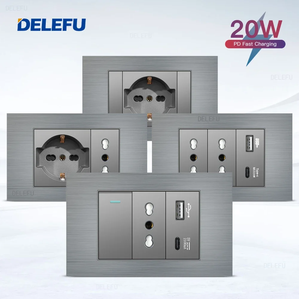 

DELEFU Серый Италия Алюминий Матовый USB TypeC Настенная розетка для быстрой зарядки Schuko Tuya Wi-Fi Smart Switch Sat TV Tel Штора дверного звонка