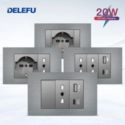 DELEFU Grey Italy Aluminum Brushed USB TypeC Fast Charging Wall Socket Schuko Tuya Wifi Smart Switch Sat TV Tel Doorbell Curtain