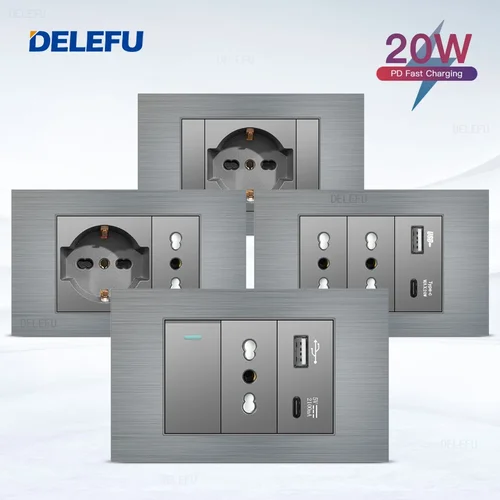 Imagen 1 del producto DELEFU gris Italia aluminio cepillado USB TypeC enchufe de pared de carga rápida Schuko Tuya Wifi interruptor inteligente Sat TV Tel timbre cortina
