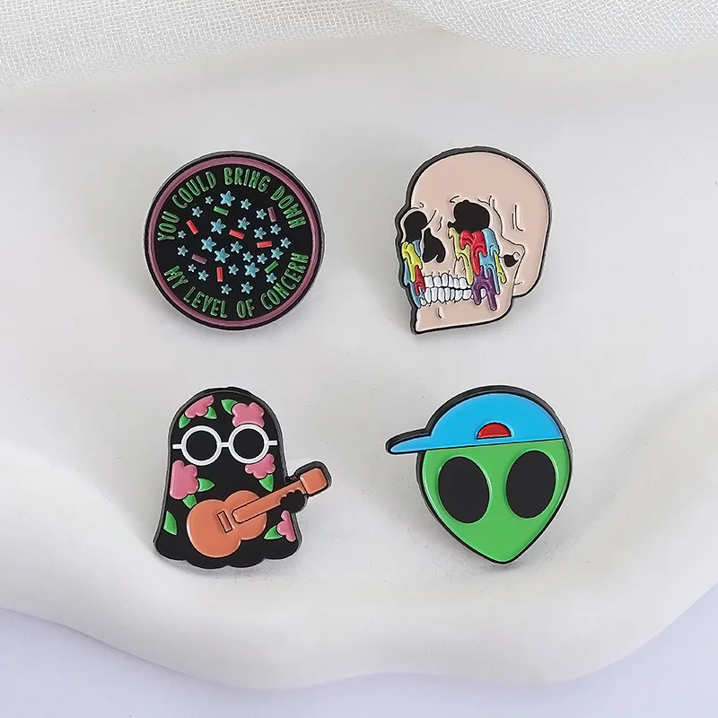 4Pcs Hippie Ghost Alien Skull Enamel Pins Set Guitar Playing Ghost Color Drip Skull Funny Slogan Brooches Lapel Badges Gift