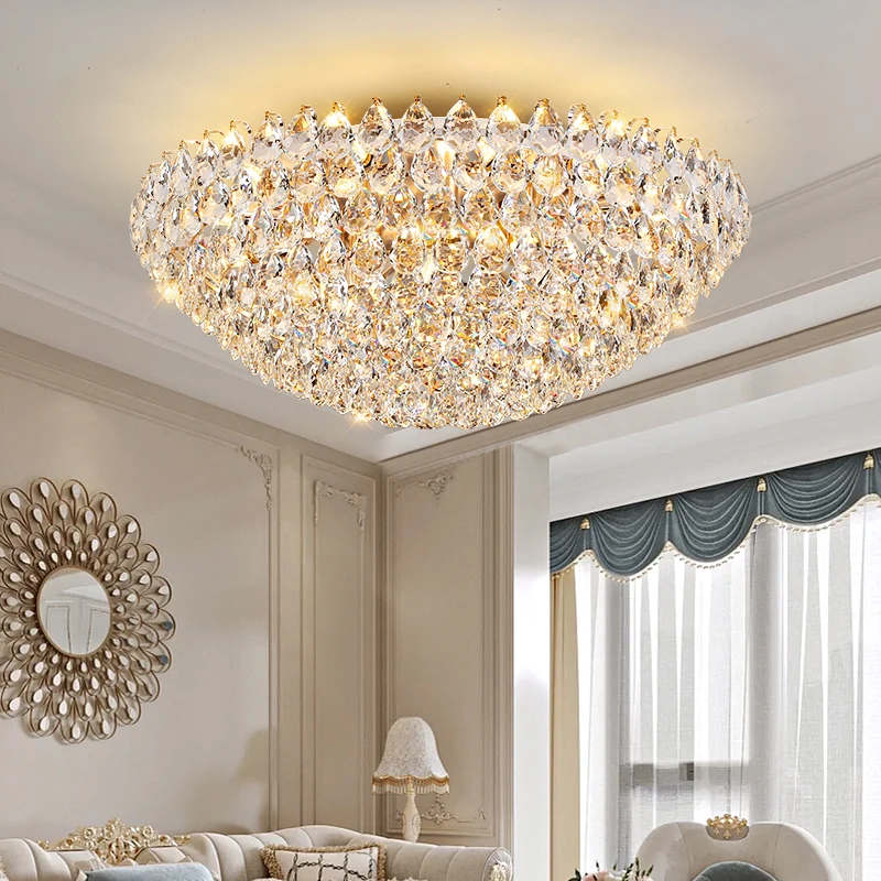 Lampadario di cristallo dorato rotondo di lusso di alta qualità Lampada da camera da letto per soggiorno Atmosfera di lusso in stile francese Nuova lampada da ristorante