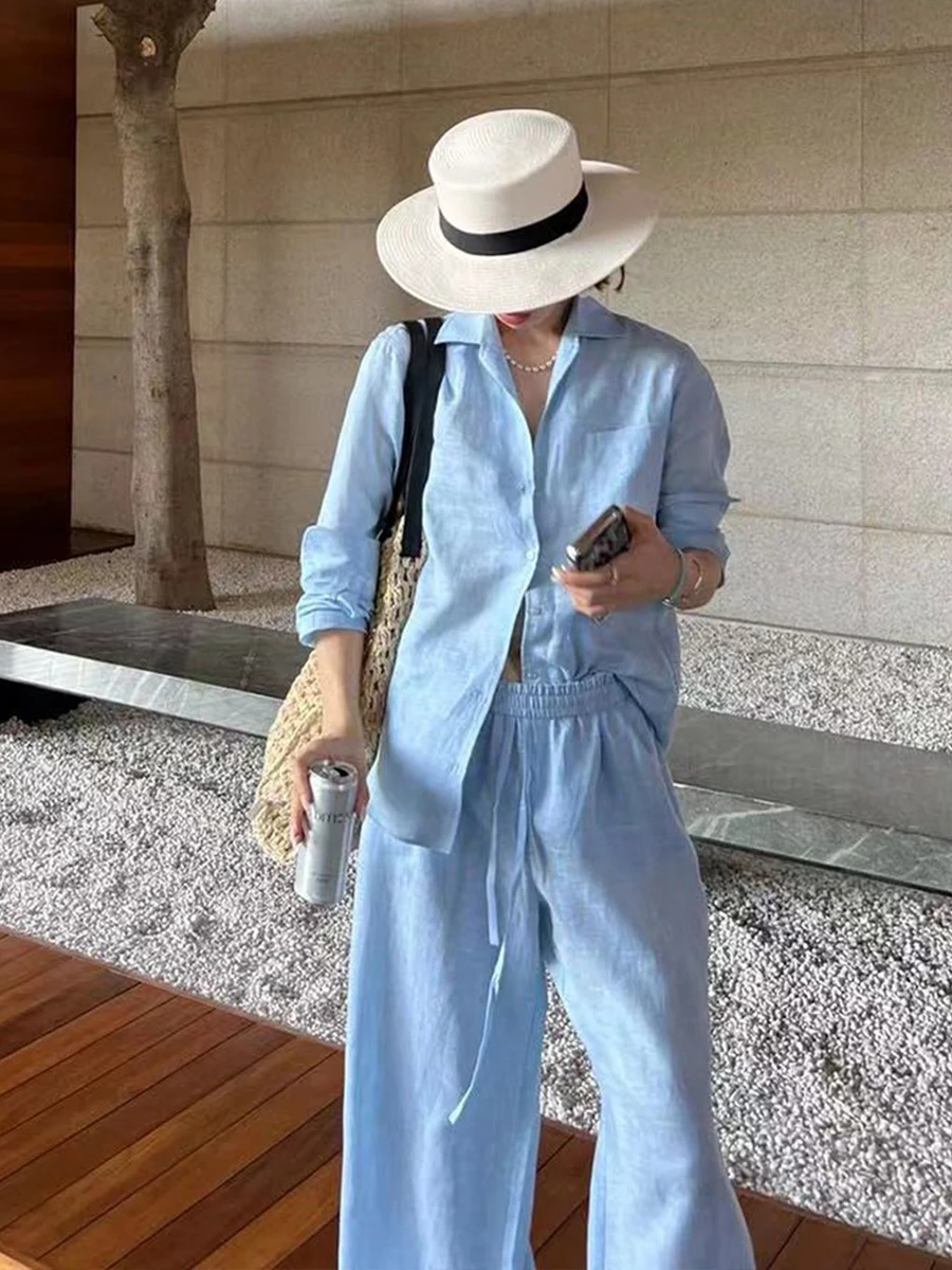 

Ladies Cotton Linen Loose Fit Sun Protection Shirt And Pants Set Spring Summer New Style Thin Collar Long Sleeve High Waist