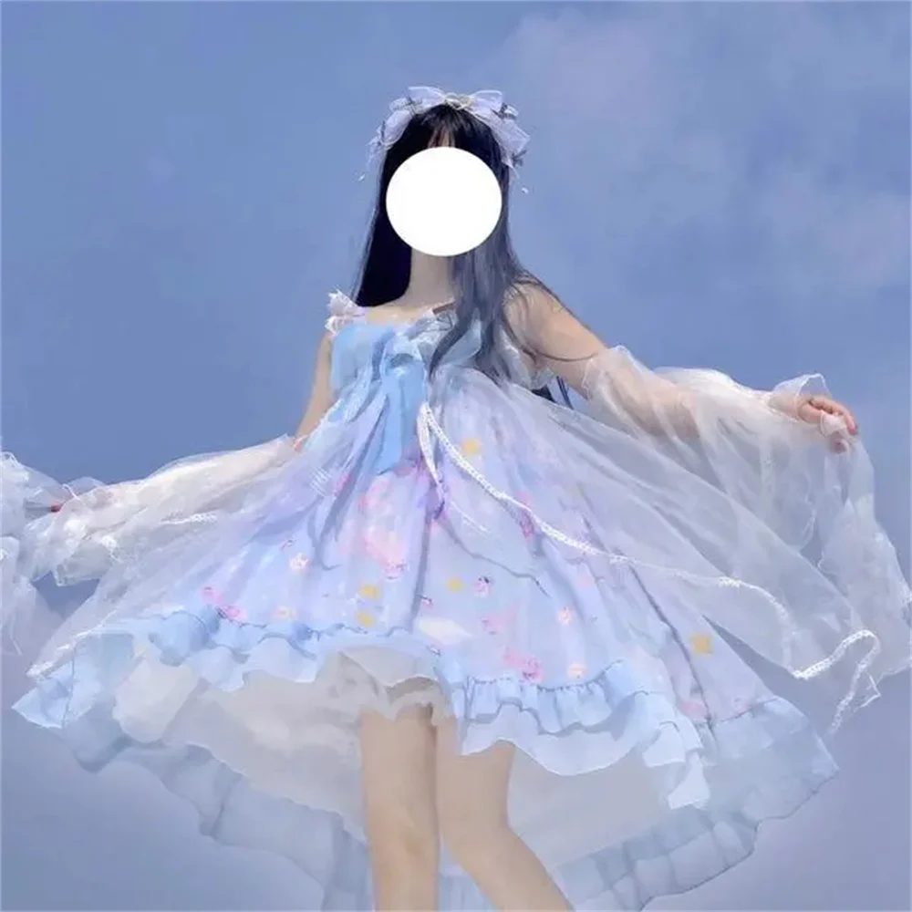 Diepzee Kwallen Blauw Vestidos Zoete Prinses Lolita Jurk Kawaii Meisjes Victoria Kant Ruche Grote Strik Cosplay Lolita Jsk