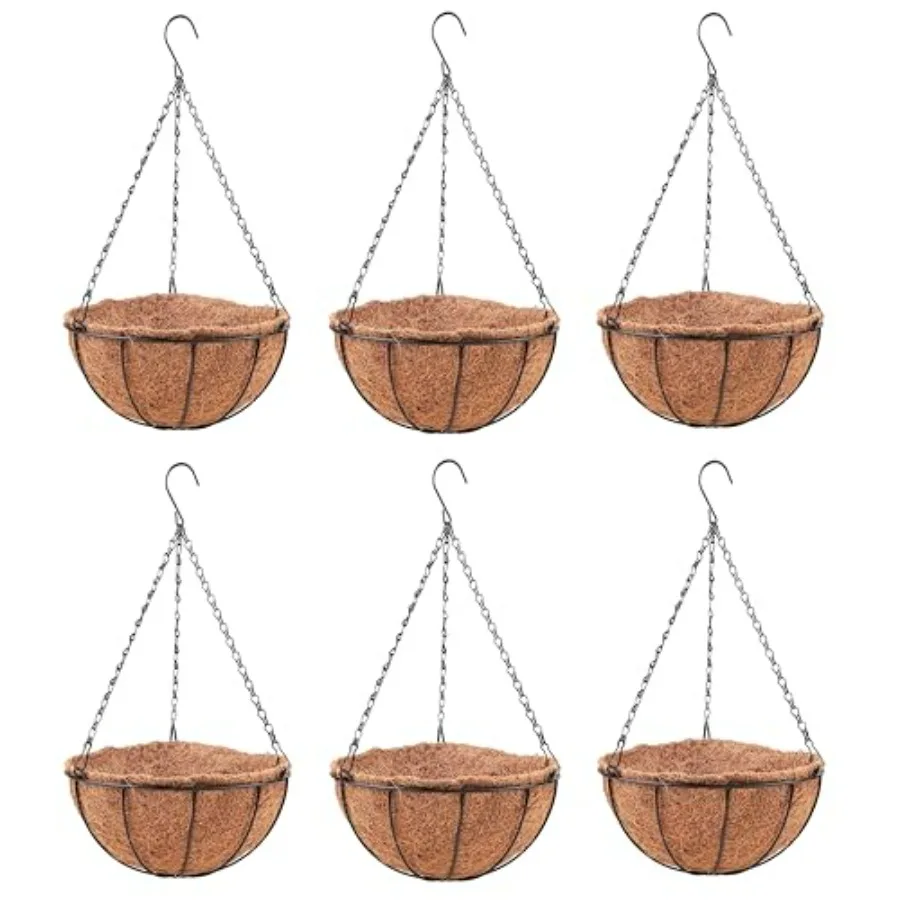 Outdoor hanging baskets for deck, porch, balcony, garden; black metal wire with coco liner; 16-inch round extra-large planter;
