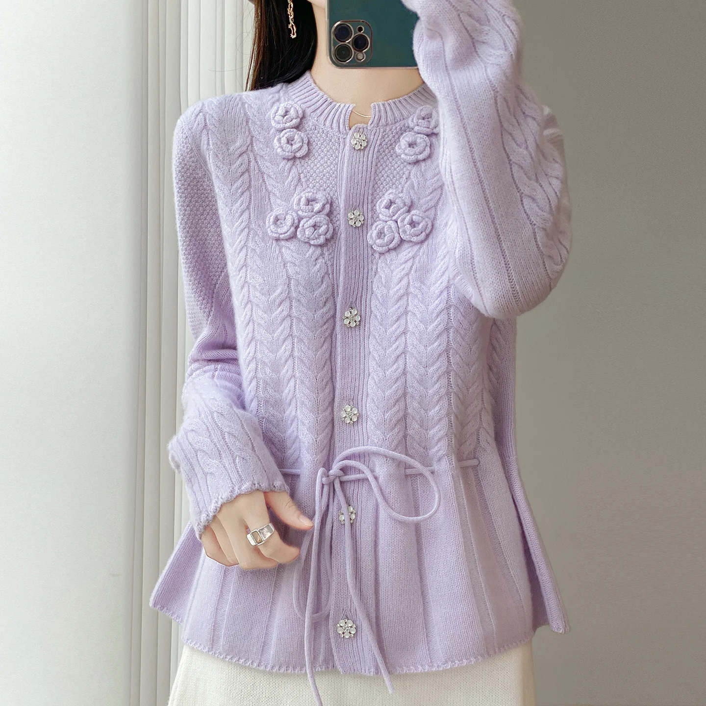 100% Pure Sweater Knitted Cardigan Women's Round Neck Embroidered Crocheted Sweater Loose Sweet Drawstring Cashmere Sweater Coat