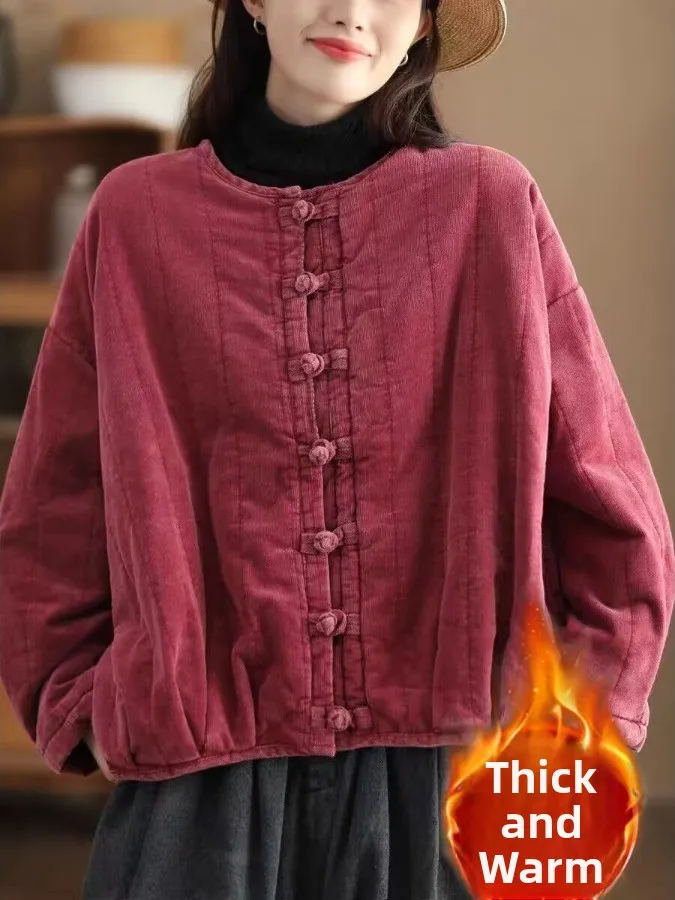 

Thiened Heavy Work Cotton Jaet Retro Winter Warm Coat Button Closure Velvet Women's Outerwear Long Sve round Ne