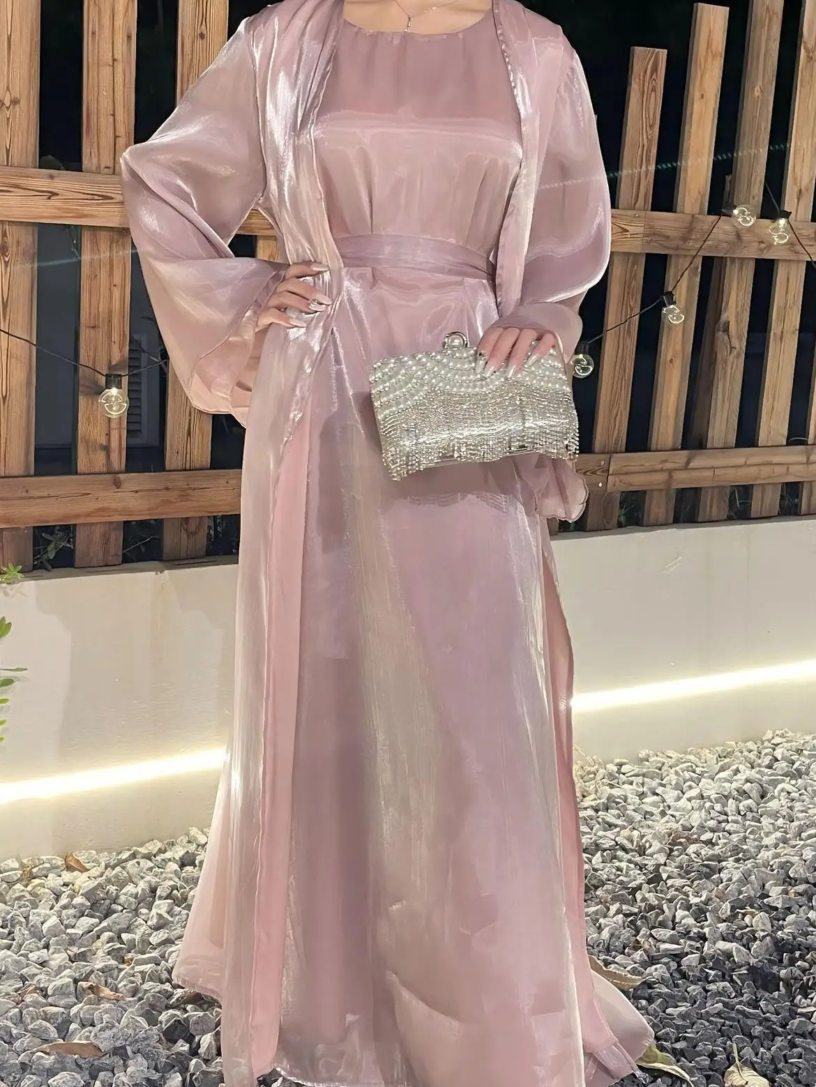 Women's Clothing Muslim Long Dress Two-Piece Dress Shiny Silk Robe Abaya Loose Open Cardigan Robe Abaya