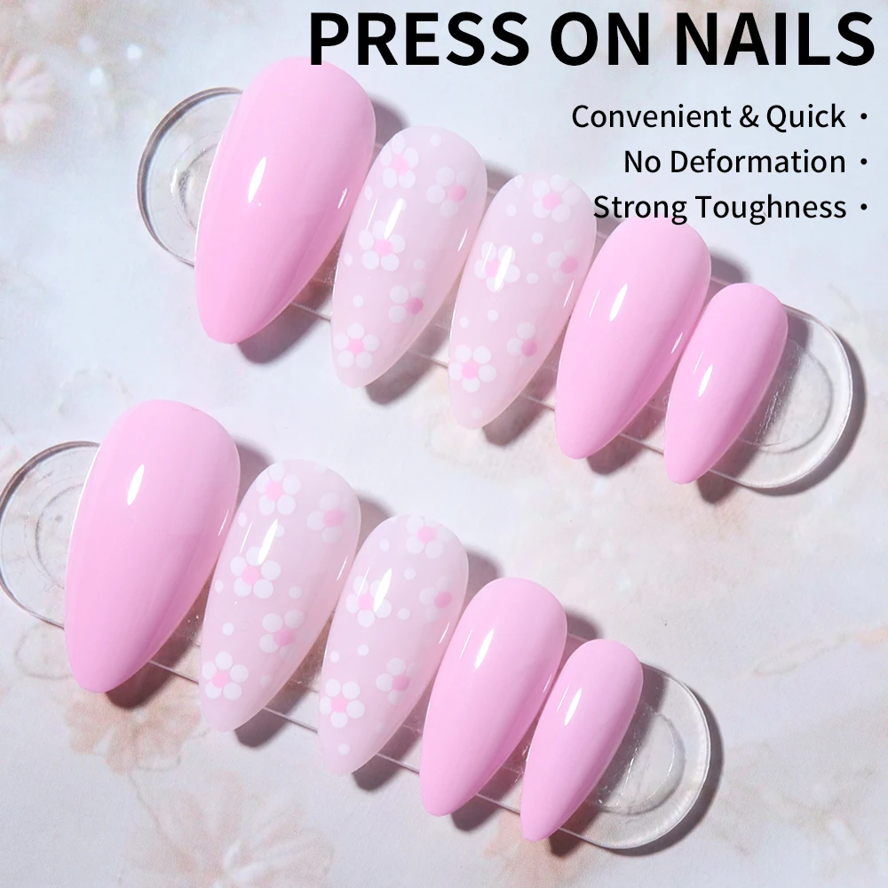 24 قطعة من زهور اللوز للأطفال مع طرف لامع اضغط على الأظافر، مجموعة أظافر صناعية من الأكريليك مناسبة تمامًا، تحتوي على قطعة واحدة من غراء الجيلي و1 قطعة Na