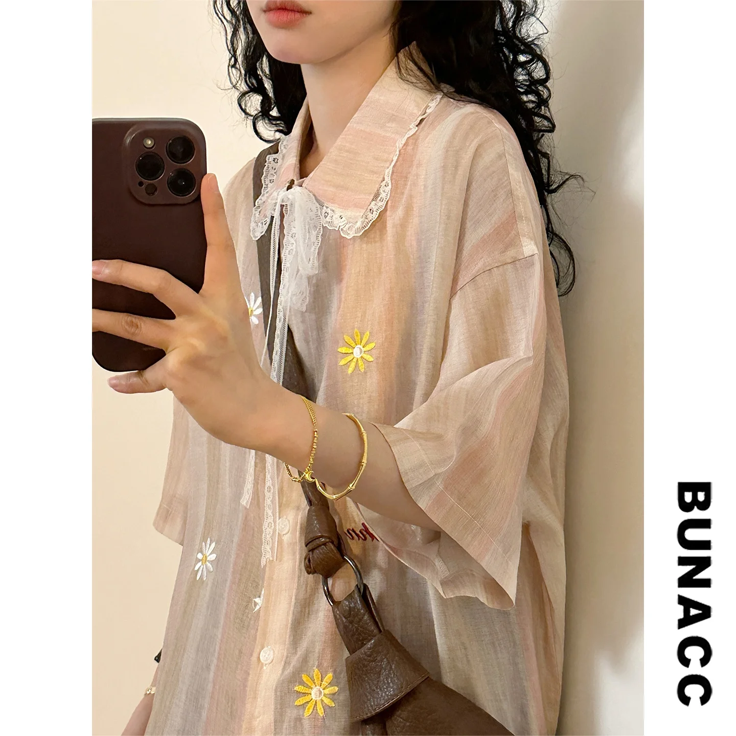 

BUNACC2026 Summer Casual Style Short Sleeve Embroidered Lace Collar Women's Shirt Versatile Loose Fit Comfortable Cotton Blouse