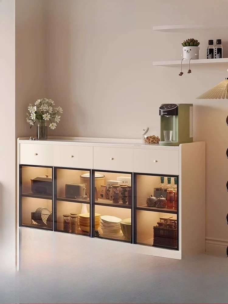 

Cream style solid wood rock slab dining side cabinet integrated storage against the wall French medieval style living room tea