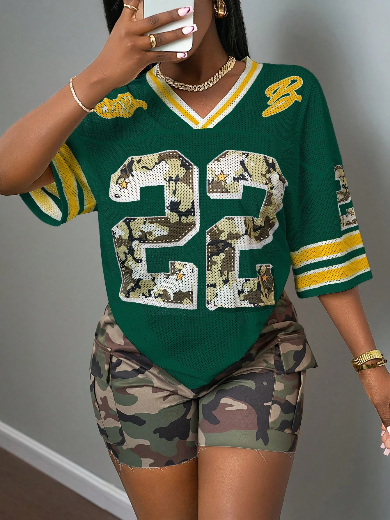 2026 Summer Women's 22nd Fashion Y2K Breathable Quick Drying T-shirt Camo Printed Loose Music Festival Party Comfortable Shirt