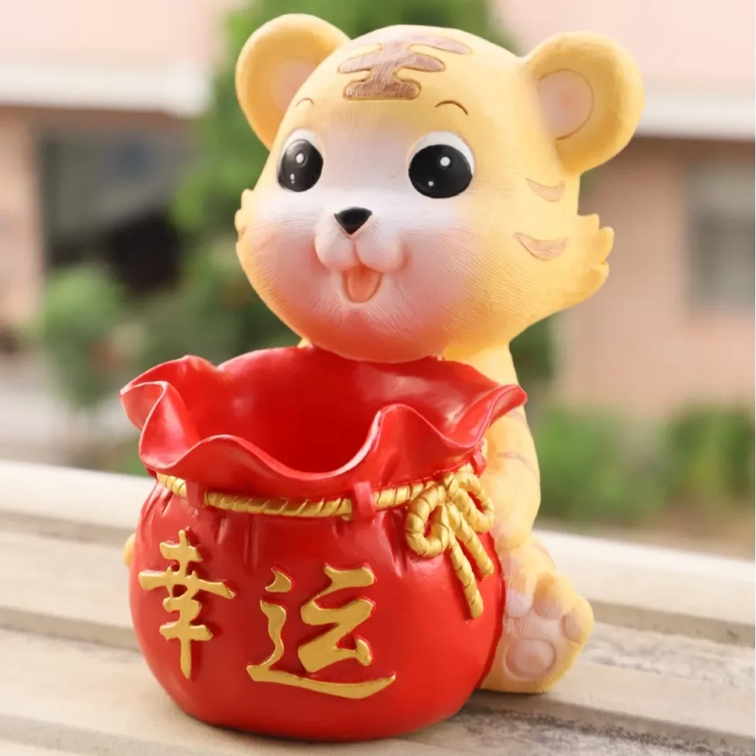 Cute Lucky Tiger Resin Pen Holder, Large Capacity Cartoon Desk Organizer,Stationery Storage Cup, Aesthetic Decor For Kids Study