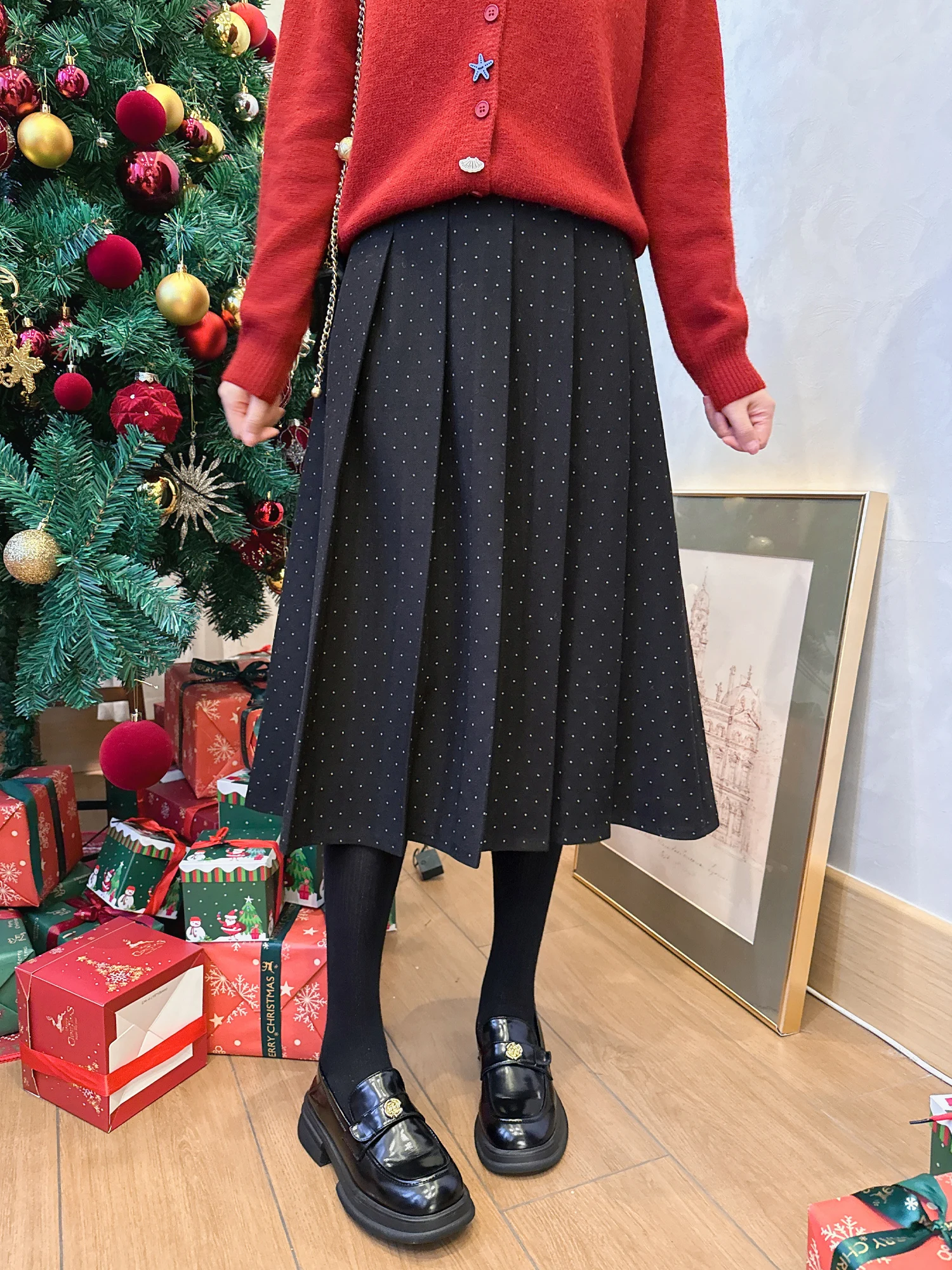 

High Waist A-Line Skirt Women's Cheered Woolen Polka Dot Pleated Ci Commute Casual Sle Polyester Fiber Skirt