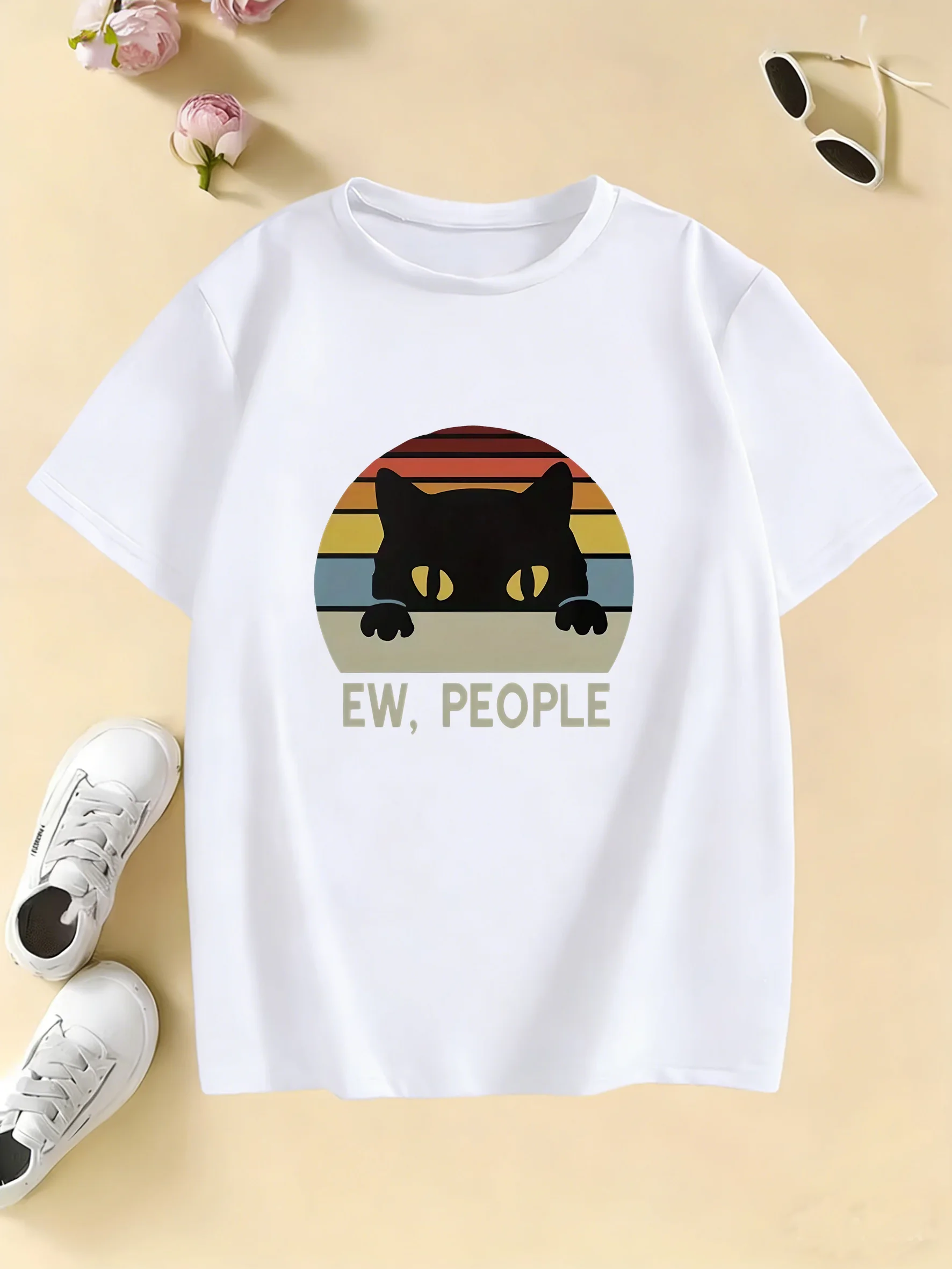 Casual EW, PEOPLE Cat Graphic Print T Shirts Cat Kids Children's T-shirt Boys Girls Summer Spring Casual Top Tee Shirt