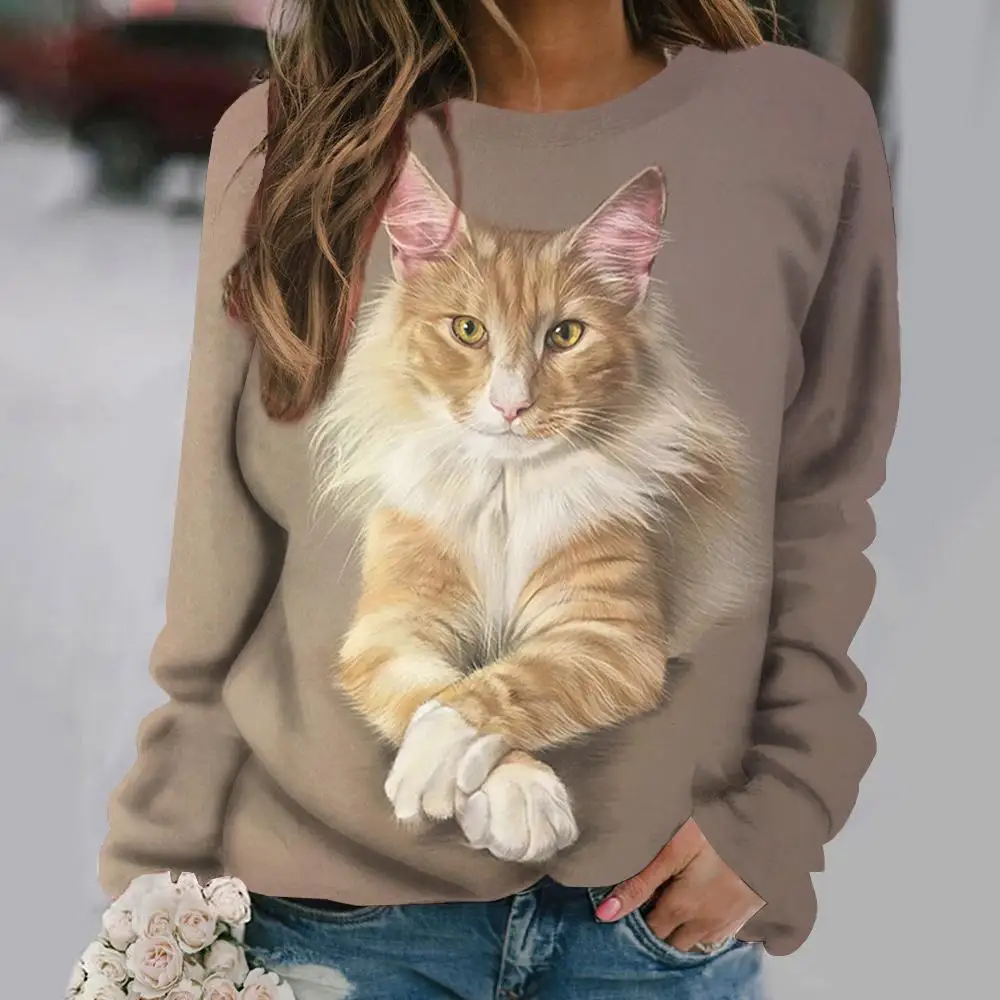 Design Sense 24 Early Autumn New Product Cat Print Pattern Long Sleeved T-Shirt Casual Hoodie European And American StyleWA2