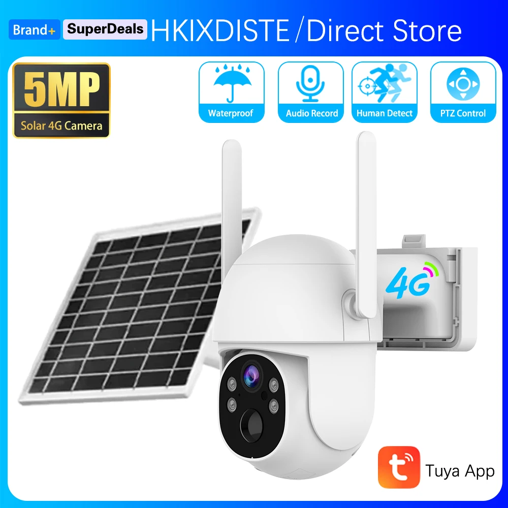 5MP Tuya Smart life Home 4G Solar One-Year Free Data Surveillance Smart Security Camera PTZ PIR Detection IP66 Waterproof Camera