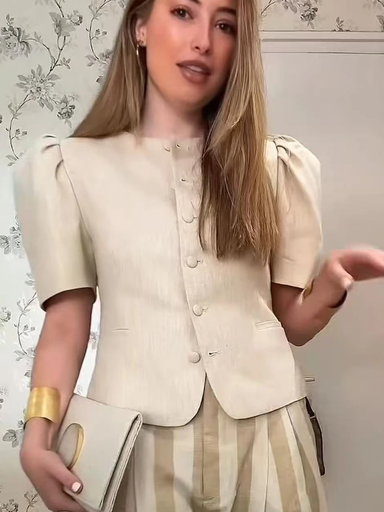 Jaqueta Feminina Chic de Verão TFMLN, Manga Curta Bufante Retrô, Ajuste Slim, Abotoamento Simples, Top Liso, Roupa Casual Simples para o Dia a Dia