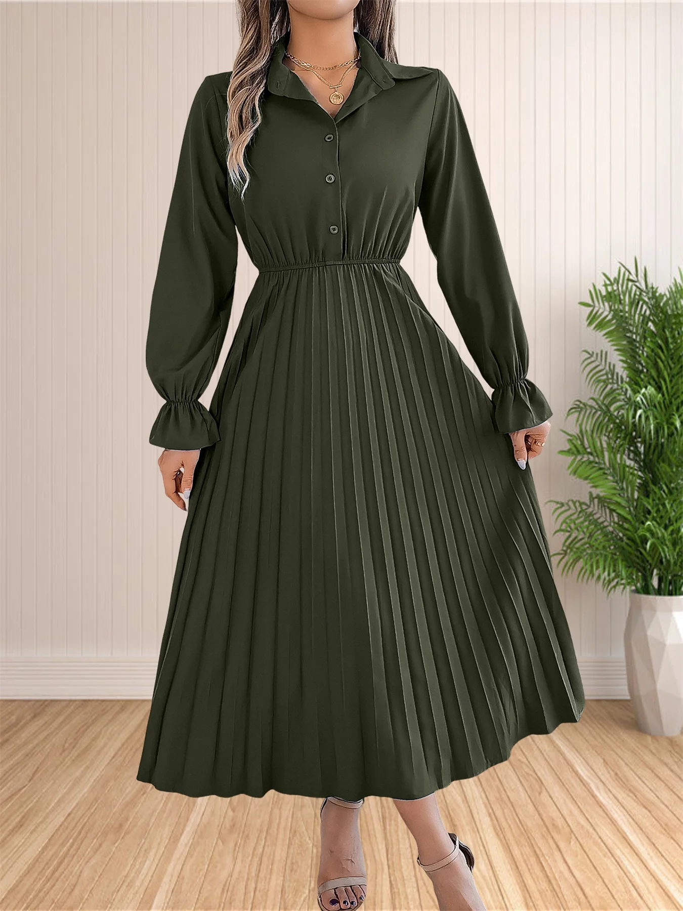 Women Casual Solid Color Turn-Down Collar Long Dresses Button Flare Sleeves Hundred Pleats Dress
