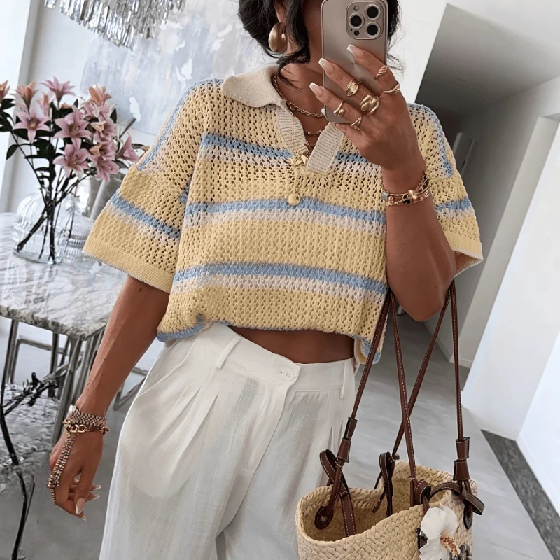 2026 Vacation Style Striped New Summer Hollow out V-neck Polo Casual Half Sleeved Sweater Top for Women