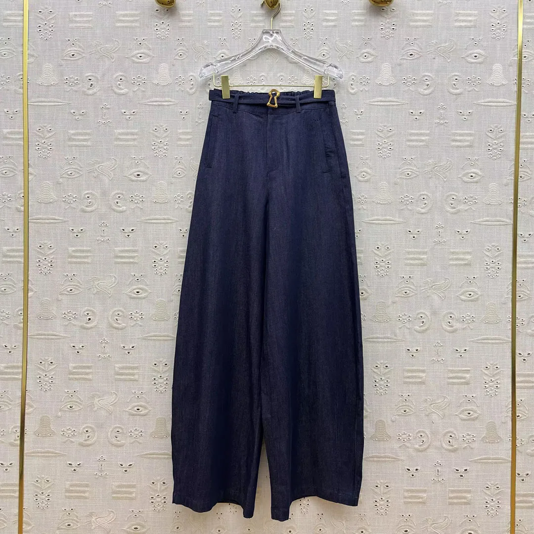 

Vintage Streetwear Blue Denim Wide Leg Long Pants Women 2026 New Fashion Gold Button Belt High Waist Loose Casual Jeans
