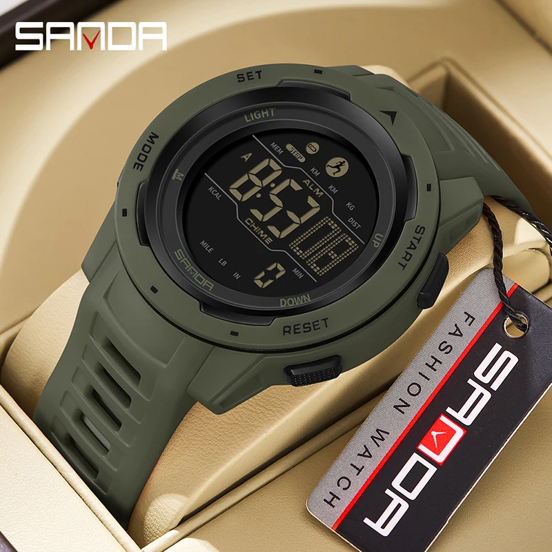 SANDA 2145 Men Sports Digital Watch Pedometer Calorie Counter 50M Waterproof LED Military Outdoor Multifunction Wristwatch
