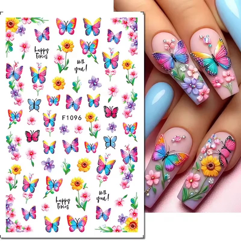 

12Pcs 3d Nail art Stickers Spring Blue White Blossom Flowers Blue Yellow Butterflys Decals For Nail Decorations Manicures Beauty