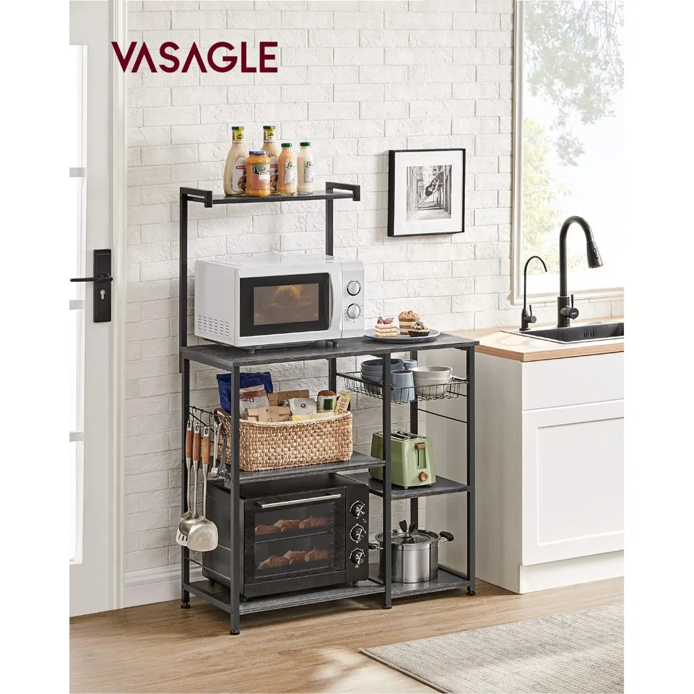 Baker's Rack, Microwave Stand with Wire Basket, 6 Hooks, and Shelves, for Spices, Pots, and Pans, Charcoal Gray